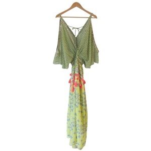 Ramy Brook Kaya Slit Maxi Dress Swim Cover Up Small Lime Cold Shoulder Resort